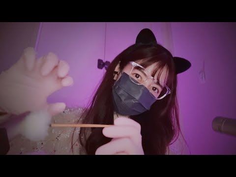 [ASMR] ねこさんの癒しの耳かき / ゴム手袋、梵天耳かき、綿棒 / Rubber gloves, cotton swabs, ear cleaning