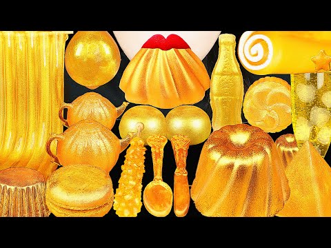 ASMR GOLD FOOD, EDIBLE SPOON, KETTLE, MOCHI, CANDY, JELLY, MUKBANG EATING SOUNDS, DRINKING SOUNDS