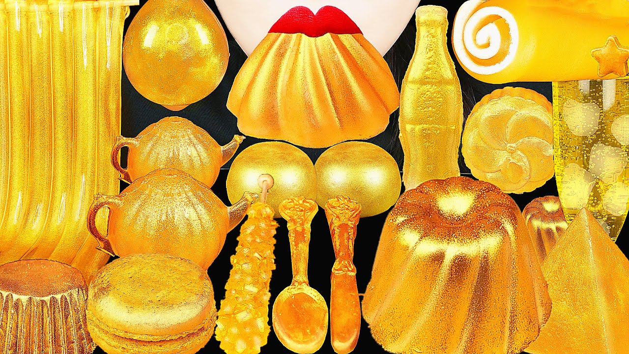 ASMR GOLD FOOD, EDIBLE SPOON, KETTLE, MOCHI, CANDY, JELLY, MUKBANG EATING SOUNDS, DRINKING SOUNDS