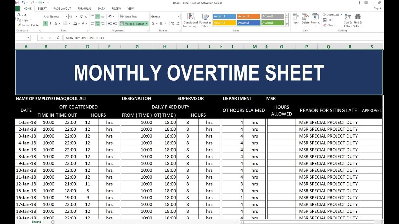 #97 How To Make Monthly Overtime Sheet in Excel Hindi ...