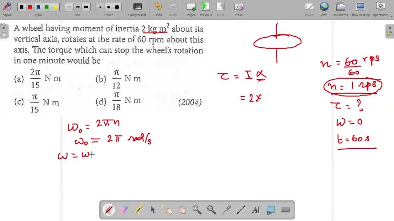 A wheel having moment of inertia 2kg m about its vertical axis, rotates at the rate of 60rpm about