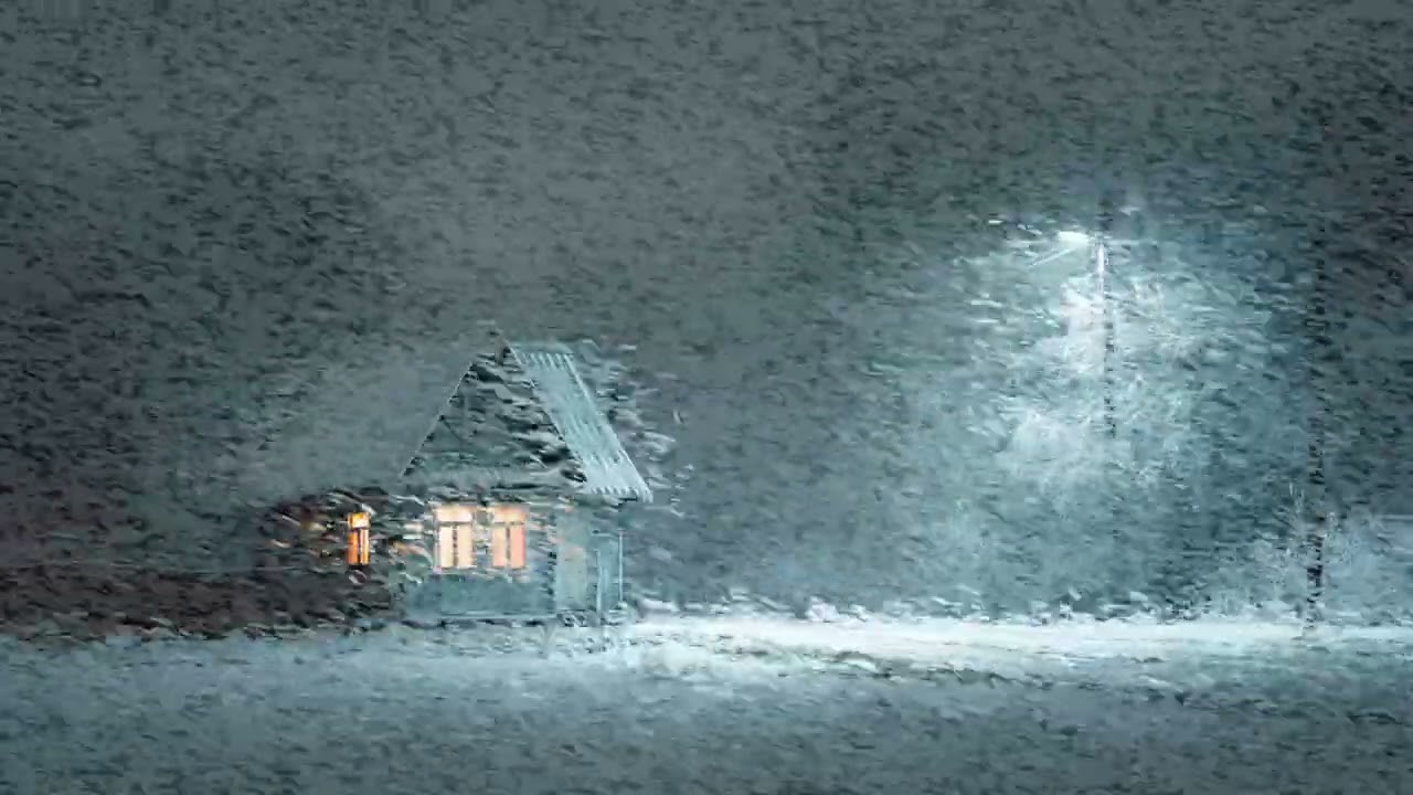 Peaceful Blue Cabin Glowing Warm Light Amid Quiet Frozen Village During Heavy Winter Blizzard