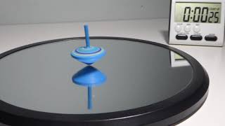 Blue Wooden Spinning Top Spins for 0:59. Rocks to 1:05. Perfectly Vertical Entire Time