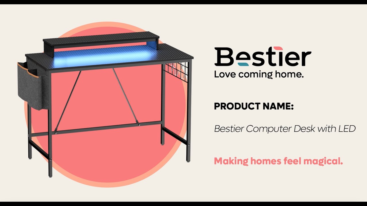 Bestier 41.7 inch Gaming Desk with LED Monitor Stand, Storage Pocket, Grid Side Frame