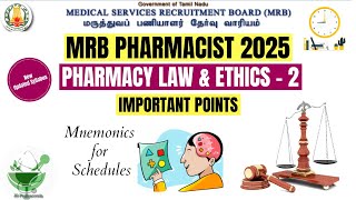 MRB Pharmacist 2025 | Pharmacy law and Ethics | Part - 2 | Important points | Schedules | D\&C act