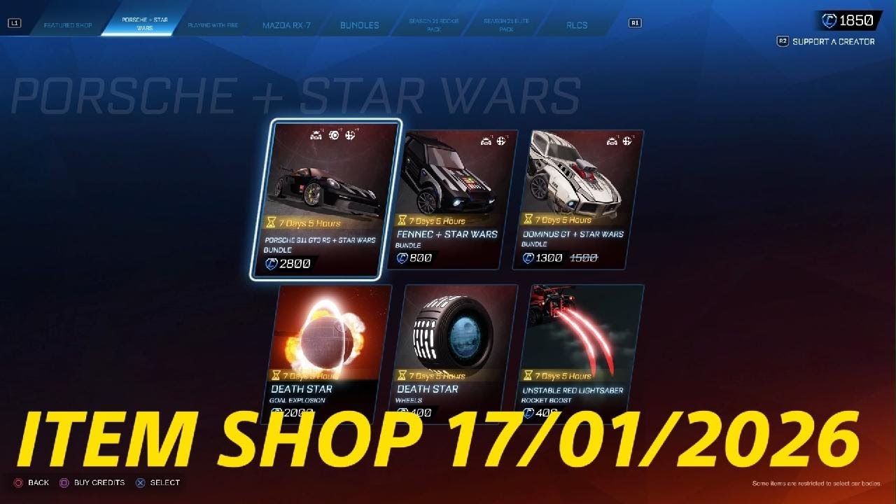 Rocket League item shop 17/01/2026 - BLACK DUELING DRAGONS / PORSCHE & STAR WARS / BLACK FENNEC