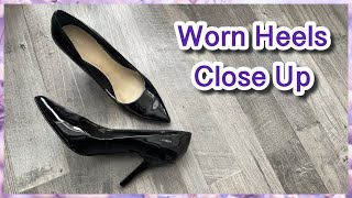 1 Minute Shoe And Tell - Black Shiny Patent Leather Pointy Heels Stiletto Pumps, Old Worn Used Shoes