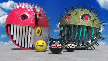Robot Pacman VS Spiky Monster & Cartoon Cat VS Chain Chomp in Crazy Maze