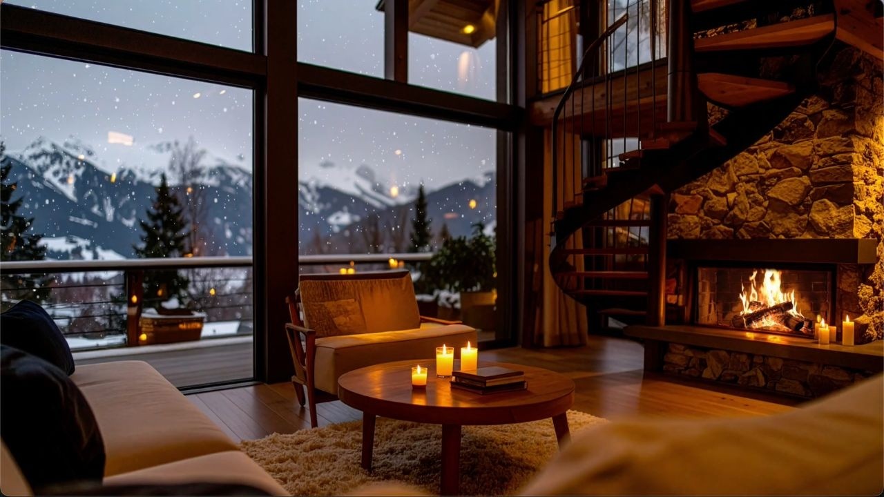 Cozy Snow Cabin Fireplace with Falling Snow and Smooth Jazz Piano | Warm Winter Atmosphere