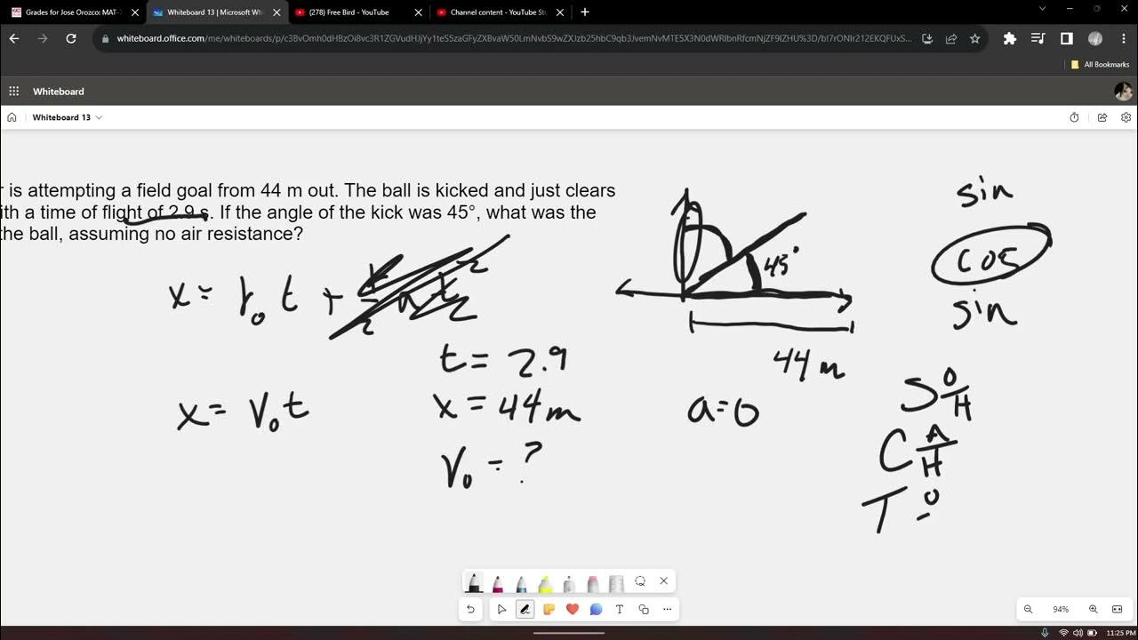 A football kicker is attempting a field goal from 44 m out. The ball is