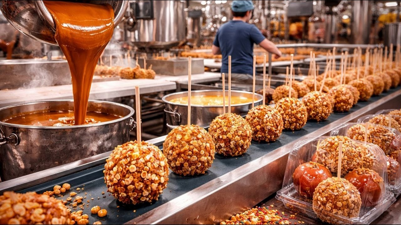 Fabrication des pommes d'amour en usine 🍎 | Friandises d'Halloween