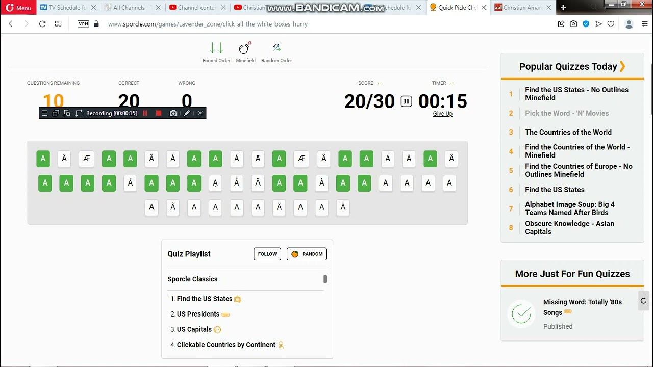 Me playing Sporcle: Quick Pick: Click All The A's