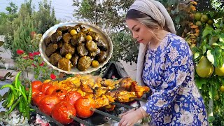 Rural Life in the Garden🌿 Homemade Chicken Kebab & Stuffed Grape Leaves 🍗🍃