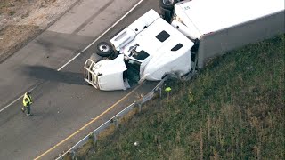 Overturned semi crashes on NB I-57 exit ramp to WB I-80