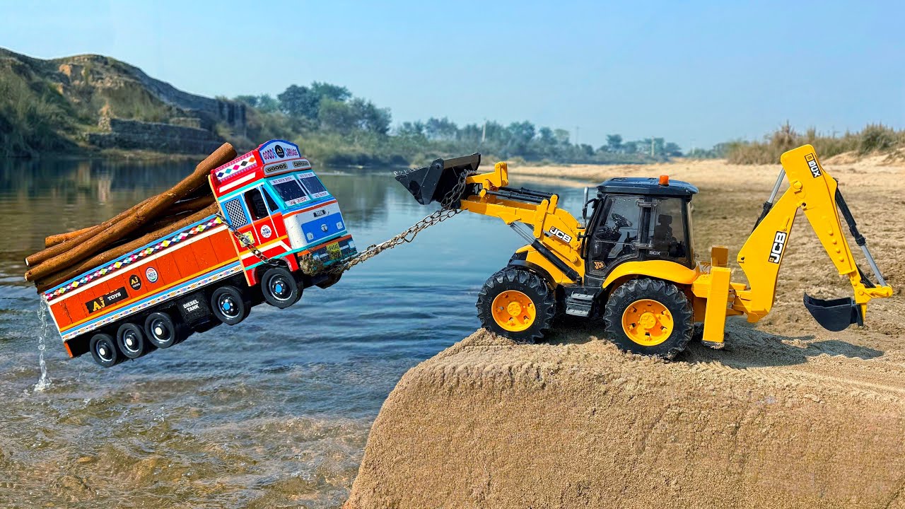JCB Tractor Cartoon Video | Wood Loaded Tata Truck Riverside Accident Pulling Out JCB 5CX | AJ TOYS