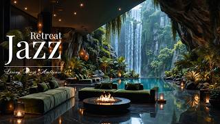 Green Retreat Jazz at Modern Living Room for Focus | Lush Waterfall Ambience Music for Peaceful Mind