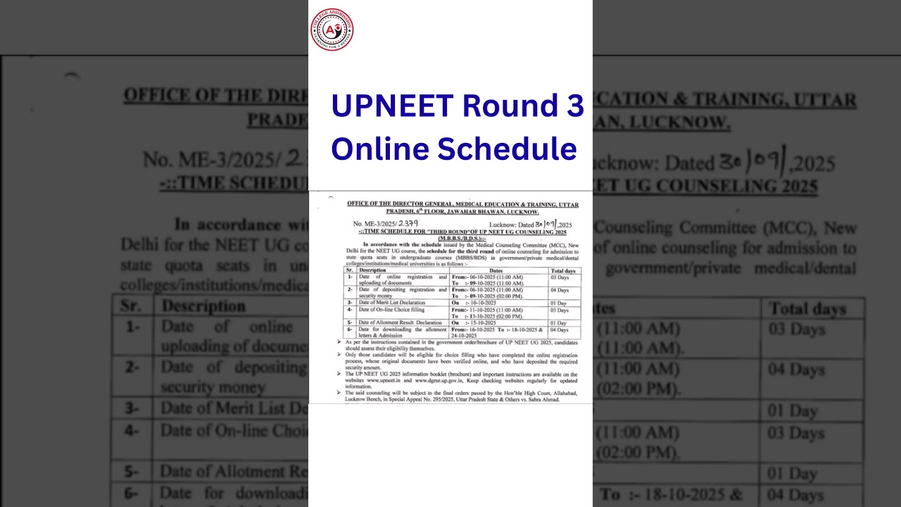 UPNEET 2025 Round3 MBBS Counselling Online Schedule Out 