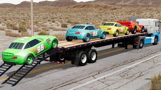 Flatbed Trailer Truck Transport McQueen / Cars Speed ​​Bumps vs and Train - BeamNG.drive