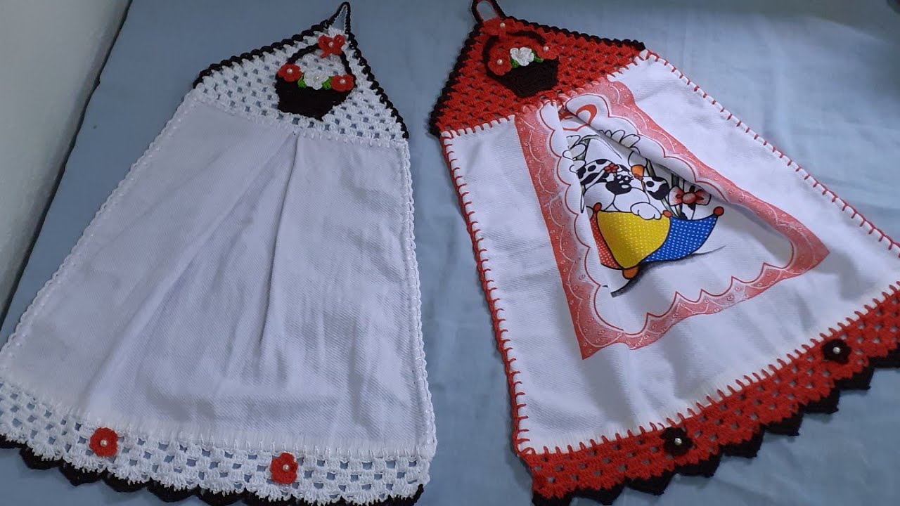 Bate mão de crochê com aplicação de cestinha.