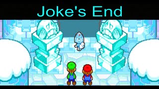 Jokes End - Mario & Luigi: Superstar Saga with MetaSage Ep. 22
Marios Journal:
Day 22 (Part 1)
First we stopped by Sledge and Mallets to better our hammers. Were likely going to have to fight Bowletta, it doesnt hurt to be prepared.
We ended up finding a way to Jokes End through...surfing. It was...an experience. Jokes End wasnt too hard to find since it was in the coldest part of the kingdom. The place looked pretty with all of the snow and crystals around.
We even met the guardian spirit of this place, Jojora. Jojora doesnt know about Bowletta or Peach, but it looks like she wants us to follow her. This place is HUGE! I suspect that Bowletta may have taken Peach to the top floor. It would be easier to park the clown car up there. Also, Jojora seems to be leading us to the upper floors. Jokes End - Mario & Luigi: Superstar Saga with MetaSage Ep. 22