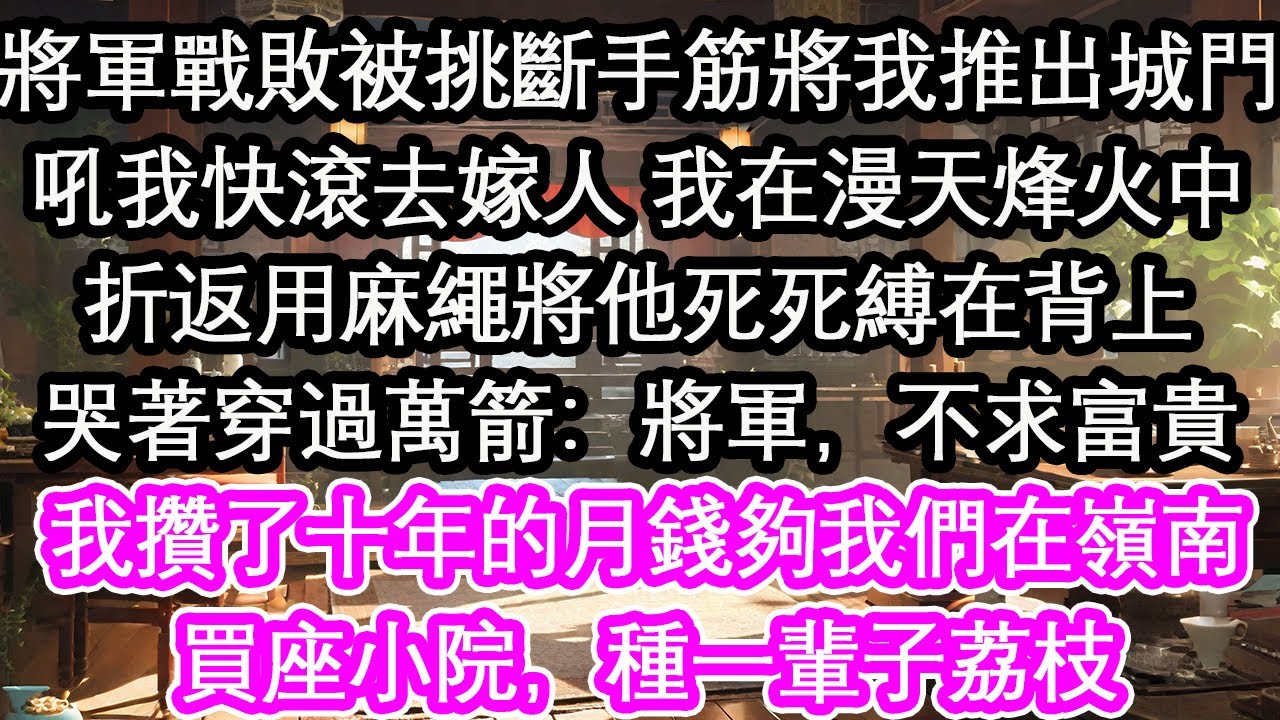 將軍戰敗被挑斷手筋將我推出城門吼我快滾去嫁人 我在漫天烽火中折返用麻繩將他死死縛在背上哭著穿過萬箭：將軍，不求富貴我攢了十年的月錢夠我們在嶺南買座小院，種一輩子荔枝【花開】【愛情】【生活】