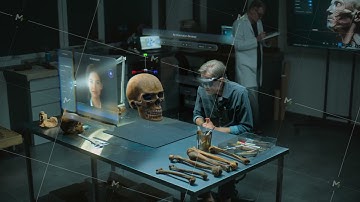 Archaeologist in VR headset studies fossil skull using virtual display with AI assistant