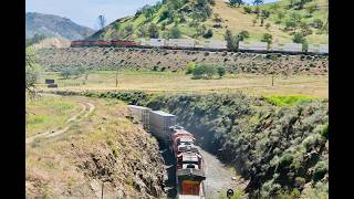 BNSF Head end power and cut in DPUs line up  at Tehachapi spiral as the train exits the loop