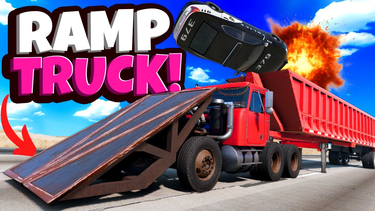 Using a Ramp Diesel Truck to FLING Police Cars in BeamNG Drive Mods!