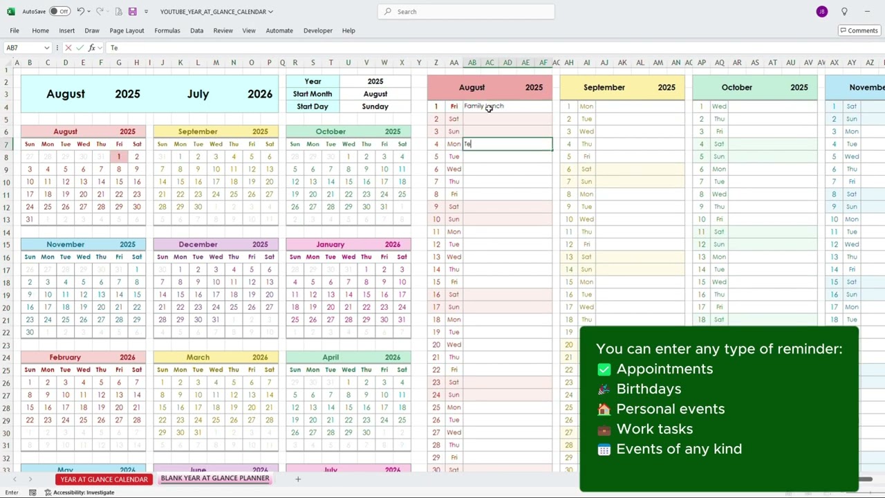 Smart Calendar Spreadsheet Template | Yearly Excel & Google Sheets Planner | Year at Glance Calendar