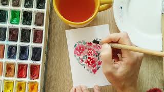 Easy watercolor cards tutorial for beginners // Valentine&#39;s day // flower doodles for beginners