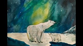 картинка: Северное сияние как нарисовать. Белый медведь рисунок
