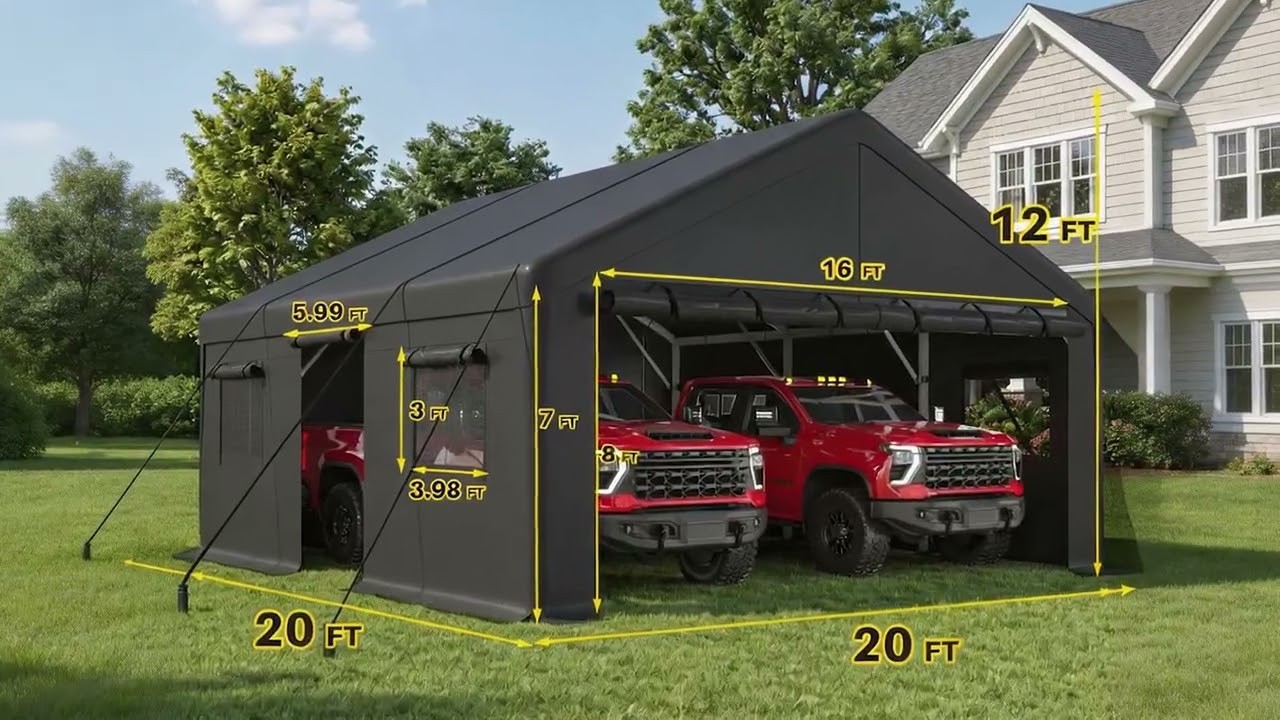 REIBII Heavy Duty Carport, 20x20 FT Portable Garage Carport, All Weather Portable Garage Shelter,  Removable Sidewalls, Outdoor Storage & Party Tent