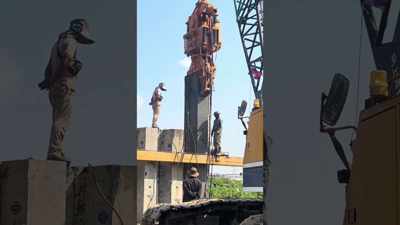 6 minute driving concrete sheet pile by using vibro hammer into mud soil 