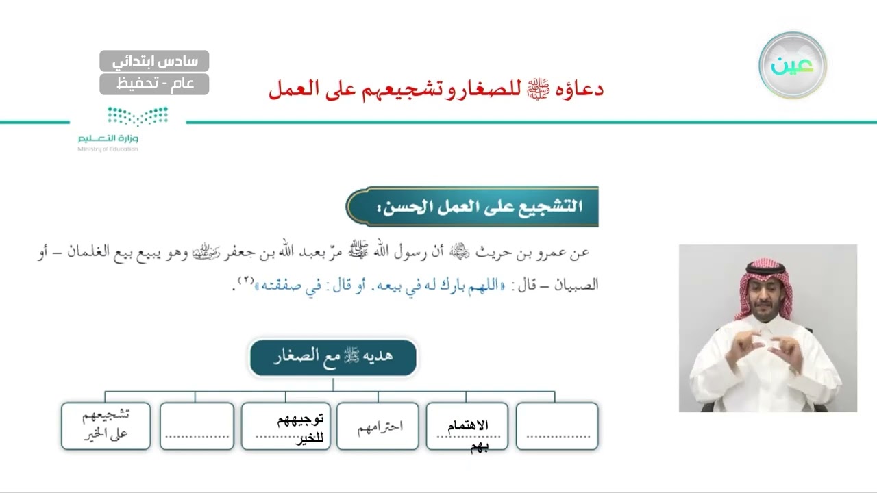 دعاؤ ة صلى الله عليه وسلم للصغار وتشجيعهم على العمل - القران الكريم والدراسات الإسلامية