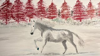 Pferd in Winterlandschaft Zeitraffer in Acryl Farben malen