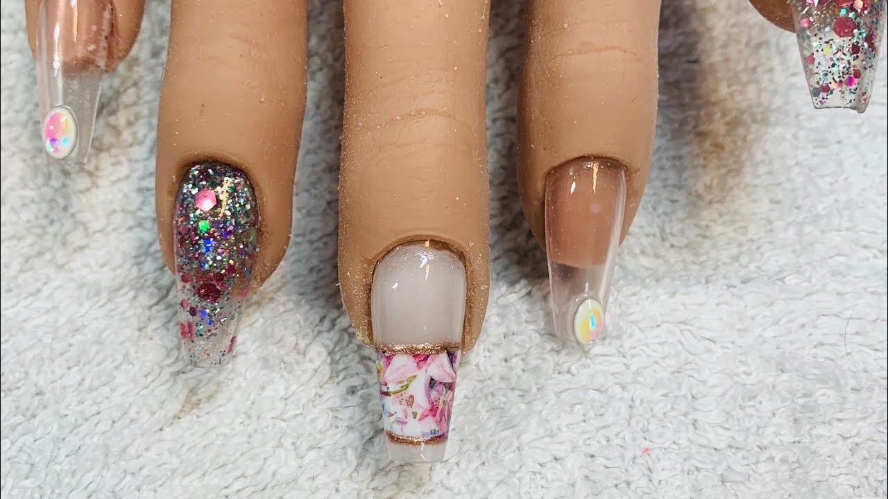 Oliver’s glitter with water decal naio acrylic nail art design - YouTube