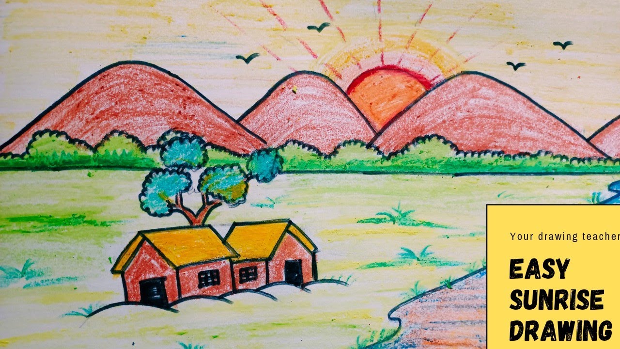 Easy Sunrise🌄 Scenery || How to draw easy Sunrise Landscape drawing ...