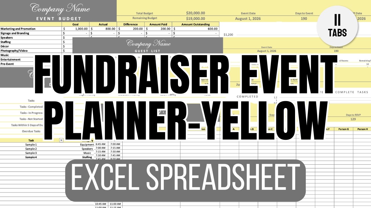 Fundraiser Event Planner Excel Spreadsheet - Yellow - YouTube