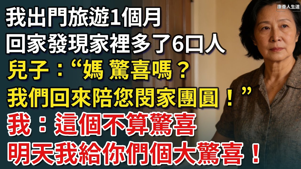 我出門旅遊1個月，回家發現兒子竟把媳婦全家接來長住！兒子：「媽，驚喜嗎？我們回來陪您閔家團圓！」我：這個不算驚喜，明天我給你們個大驚喜！【康養人生道】 #康養人生道 #上了年紀該明白的事 #養老