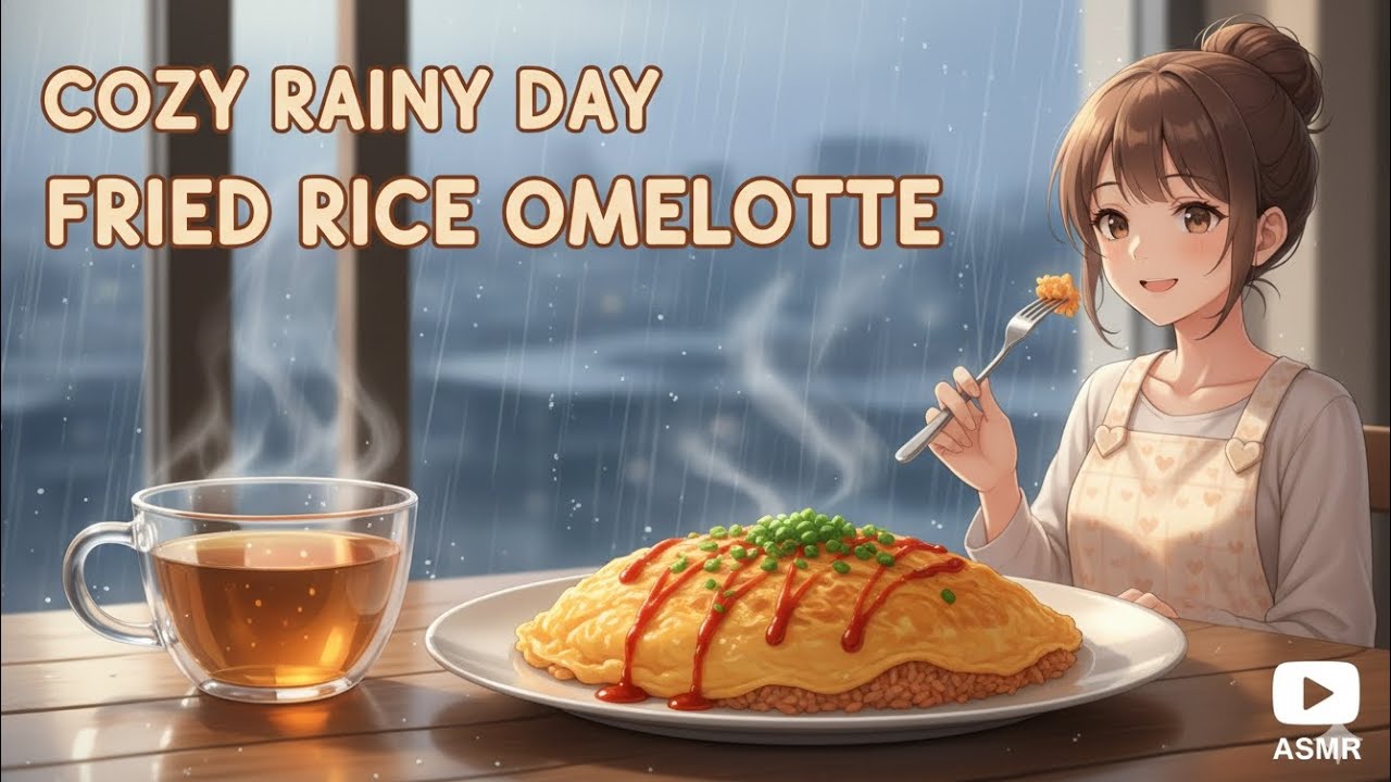 Cozy Rainy Day ASMR Cooking | Fried Rice Omelette Recipe & Relaxing Sounds | Anime Aesthetic 🦋🌸✨️