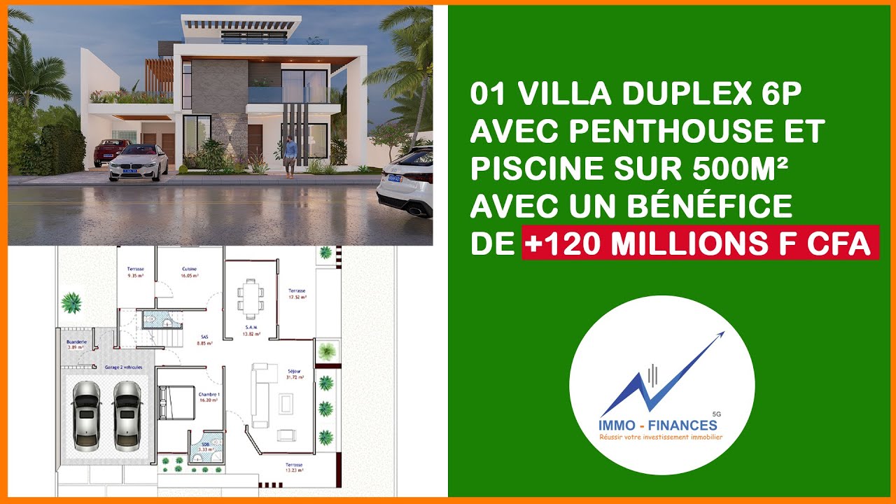 01 villa duplex 6P avec Penthouse et Piscine sur 500m² pour un bénéfice de +120 Millions F CFA 1sur1