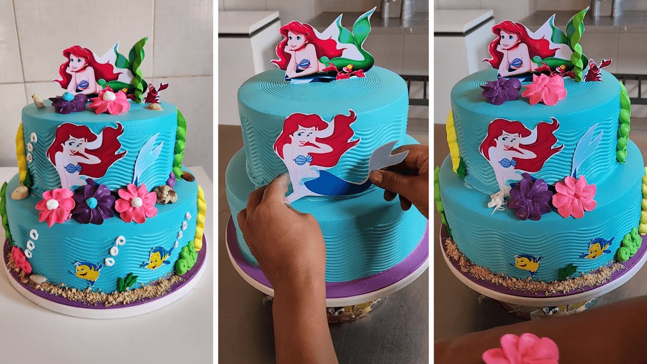 Como decorar un pastel de 2 pisos para niña de la sirenita - YouTube