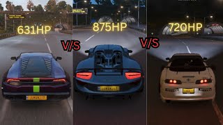 SPEED TEST BETWEEN 631HP HURACAN V/S 875HP 918 SPYDER V/S 720HP SUPRA MK4 !! FORZA GAMEPLAY VIDEO