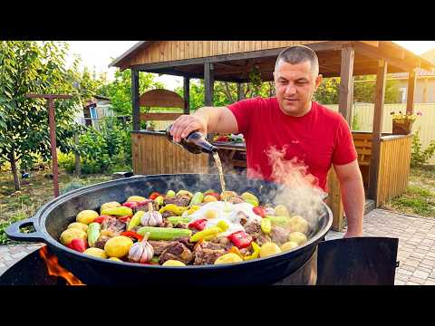 KHASHLAMA WITH BEER — Is it a Caucasian or Central Asian dish? Cauldron cooking over a campfire.