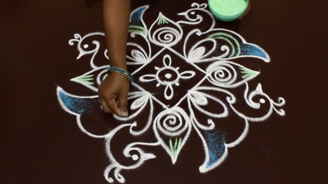 beautiful peacock rangoli design | simple daily kolam | 3 dots rangoli ...