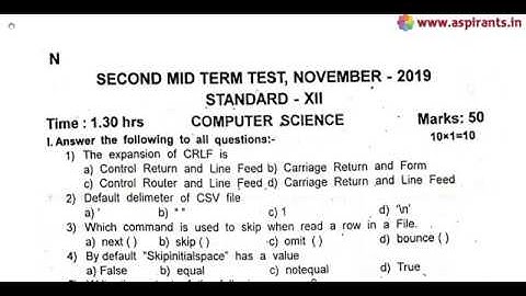 12th Computer Science 2nd MidTerm Question Paper 2019-20 | Namakkal District | English Medium