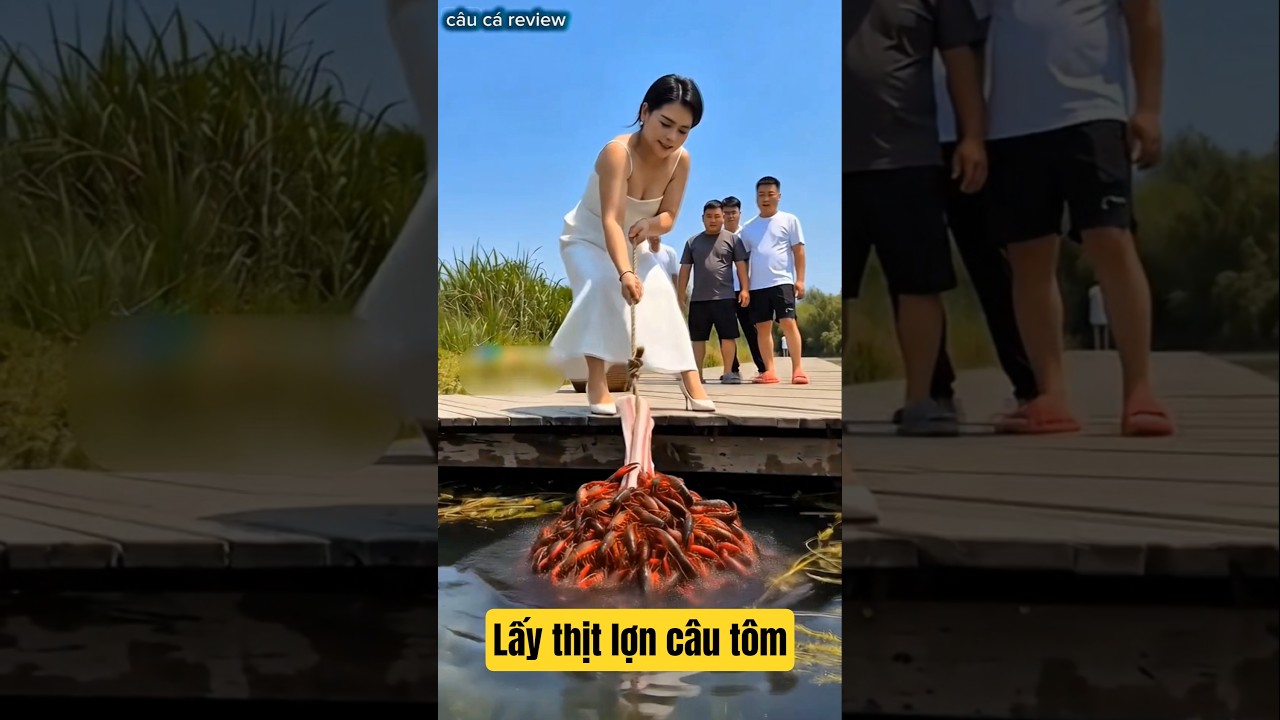 gái xinh mặc váy trắng dùng thịt miếng thịt lợn để câu tôm hùm đất và cái kết #fishing #cauca
