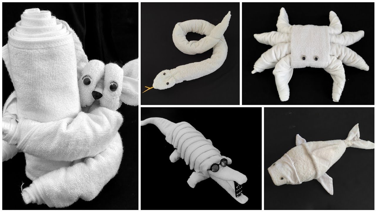 5 ideas of towel folding origami, Crocodile, Shark, Crab, Snake, Koala
