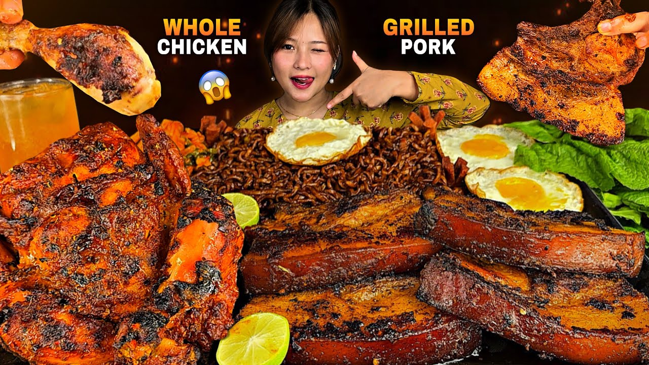 SPICY WHOLE GRILLED CHICKEN🔥& SPICY FRIED PORK CHOP MUKBANG😱|| SPICY BLACK BEAN NOODLES & KIMCHI ||