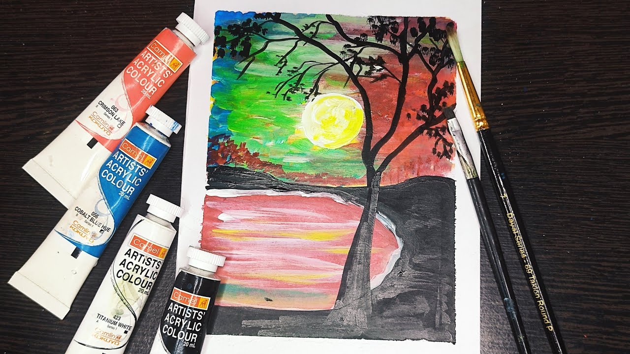 Acrylic painting for beginners Sunset and nature shorts YouTube